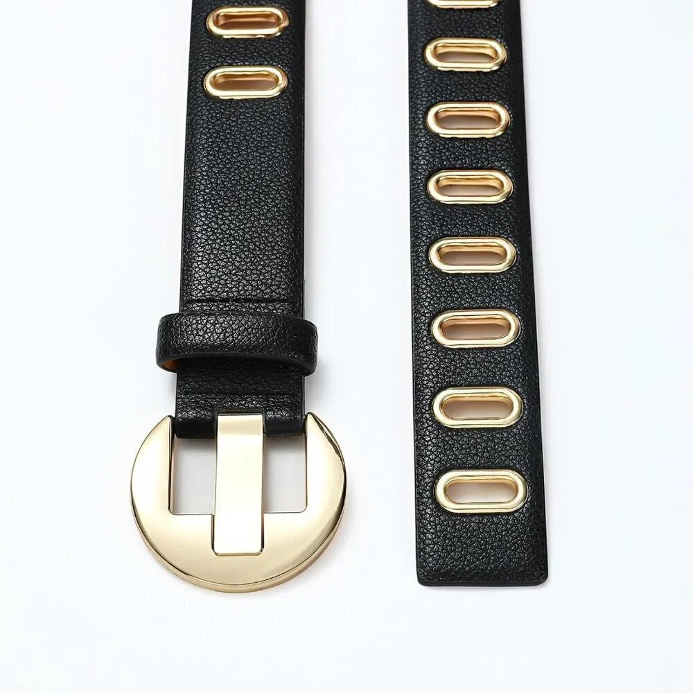 Women's Black Unique Gold Buckle Ladies Fashion Soft Faux Leather Waist Belt